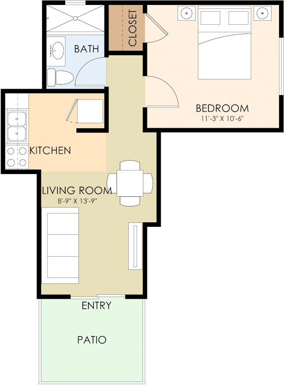 A floor plan for a Greenwood unit shows a living room, dining room, kitchen, and bathroom.