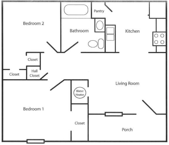 A black and white floor plan of a house with two bedrooms, a pantry, a bathroom, a kitchen, a living room, a porch, and a water heater.