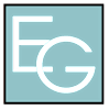 A blue square with a large letter E and G in the center.