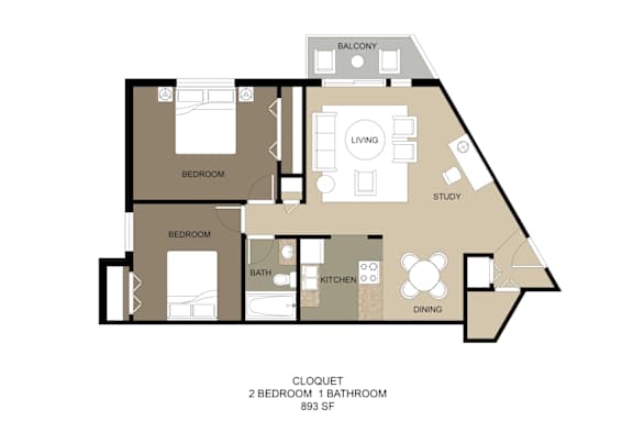 A floor plan of a house with two bedrooms, a living room, a study, a kitchen, a bathroom, and a dining area.