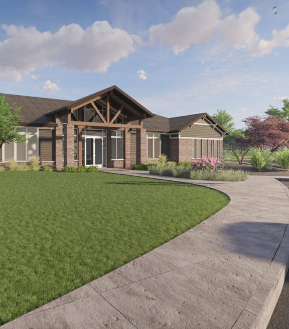 a rendering of a building with people standing in front of it
