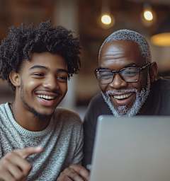 Two people are looking at a laptop screen together.