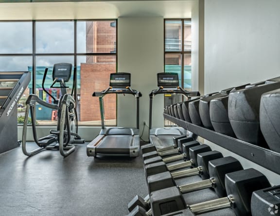 a gym filled with cardio equipment and treadmills