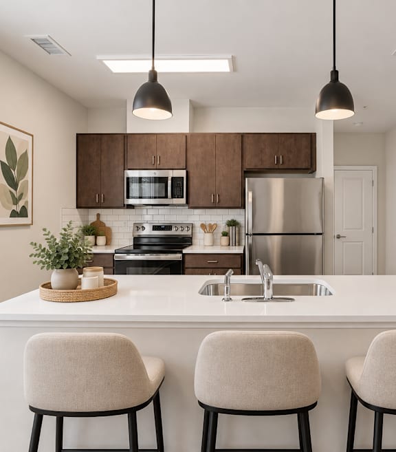 A kitchen with a white countertop and brown cabinets.