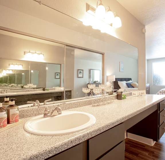 Bathroom sink and vanity at Villas Del Cielo Aprartments in Albuquerque New Mexico October 2020