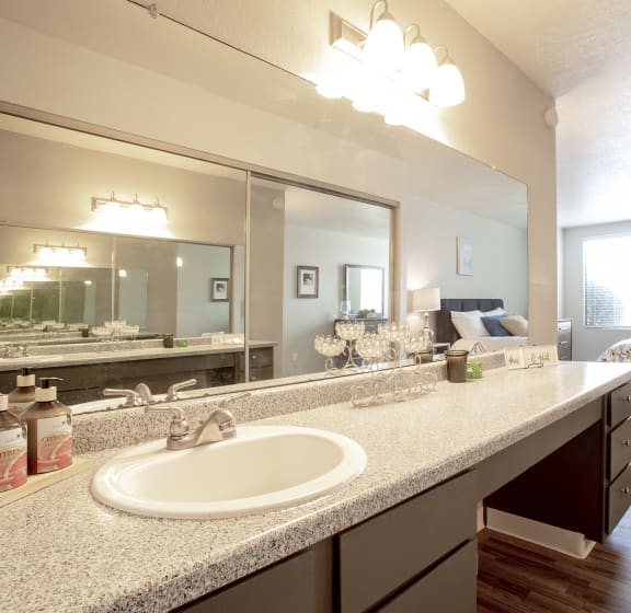 Bathroom sink and vanity at Villas Del Cielo Aprartments in Albuquerque New Mexico October 2020