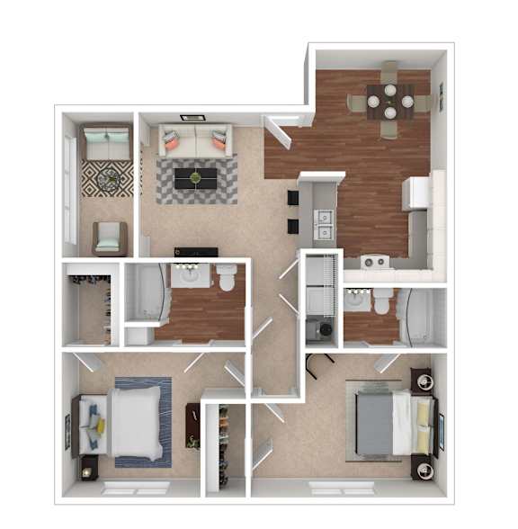 A floor plan of a small apartment with a kitchen, living room, and two bedrooms.
