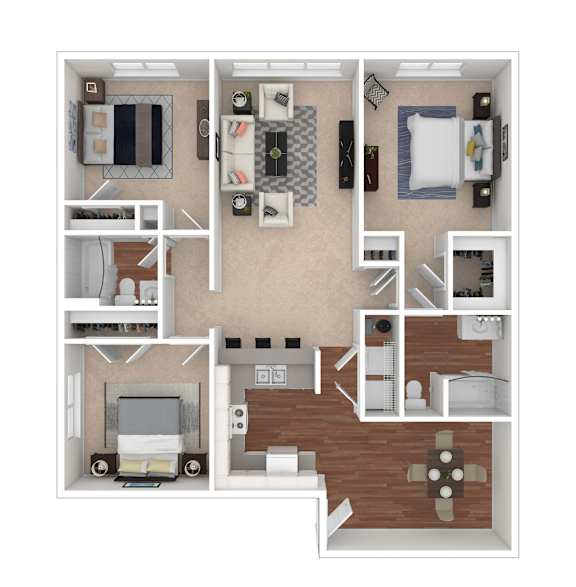 A floor plan of a two-bedroom apartment with a living room, kitchen, and bathroom.
