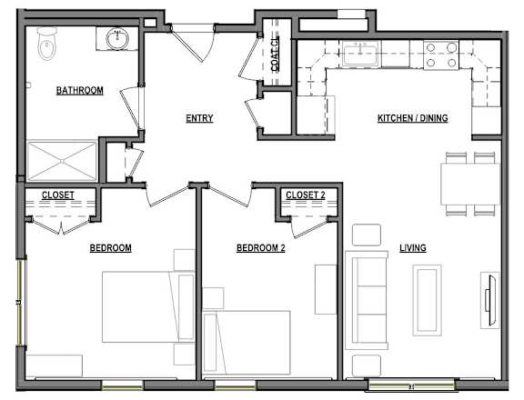 Floor Plan  Spacious apartment with 2 bedrooms, 1 full bath, and living and dining space.