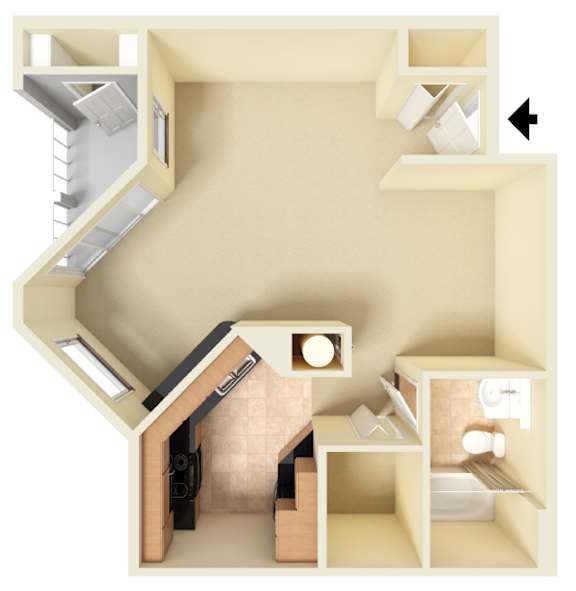Unfurnished 3D floor plan of the Sanibel studio at Providence at Palm Harbor, showing the apartment’s open layout, kitchen, bathroom, storage, and living space.