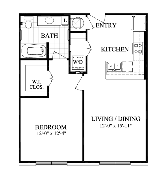 A floor plan of a small apartment with a bedroom, bathroom, kitchen, and living/dining room.