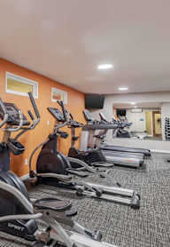 A gym with orange walls and a row of treadmills.