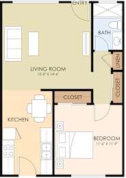 A floor plan of a unit with a living room, kitchen, and bedroom.