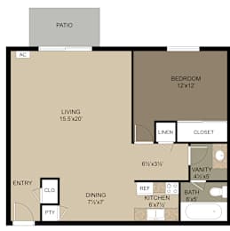 A floor plan for a one bedroom apartment by Alverno Pool Apartments.