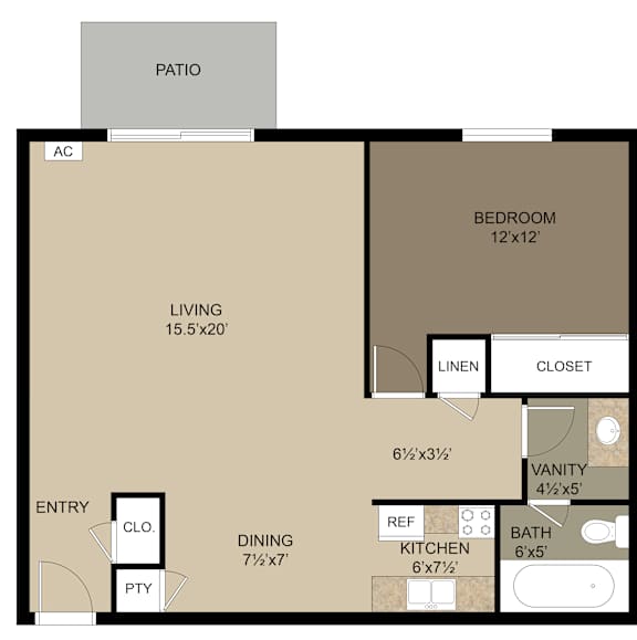 A floor plan for a one bedroom apartment by Alverno Pool Apartments.