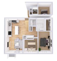 A floor plan of a small apartment with a kitchen, living room, and bathroom.