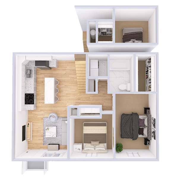A floor plan of a small apartment with a kitchen, living room, and bathroom.