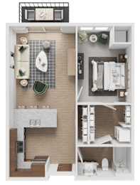 A floor plan of a small apartment with a kitchen, living room, and bathroom.