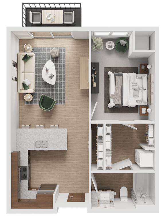 A floor plan of a small apartment with a kitchen, living room, and bathroom.