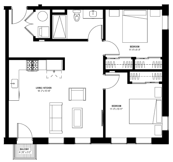 2 bed 1 bath floor plan B at Glassworks, Philadelphia, Pennsylvania