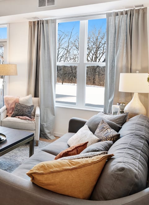 a living room with a couch and a coffee table