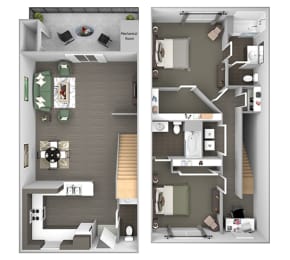 Hills of Valencia Apartments - B3 Townhouse - 2 bedrooms and 2 bath - 3D