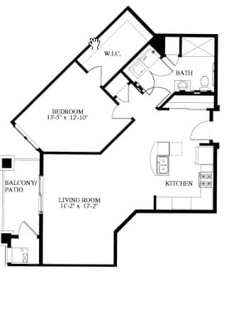 A black and white image of a floor plan for a 914 square foot apartment.