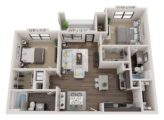 A 3D floor plan of a two-bedroom apartment with a living room, kitchen, and bathroom.