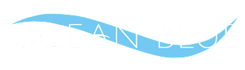 A logo with the text "OCEAN BLUE" in white.