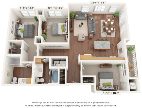 Three Bedroom - D Floor Plan Three Bedroom - D Floor Plan at Bren Road Station 55+ Apartments, Minnetonka