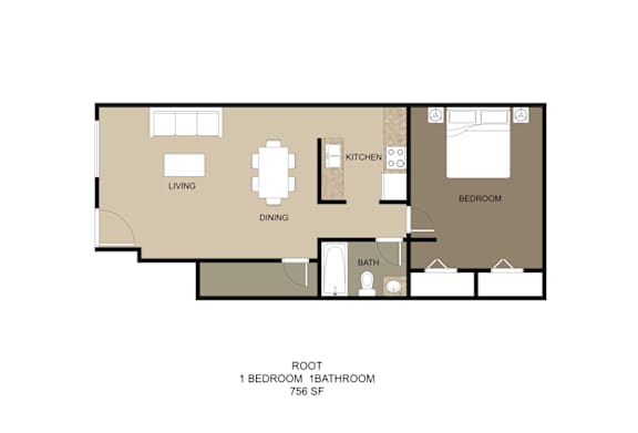 A floor plan of a one bedroom, 1 bathroom apartment.