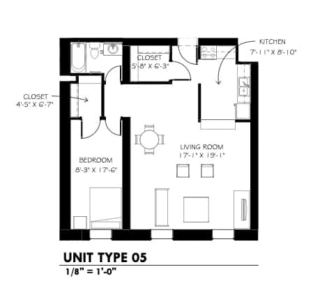 Floor Plan  A floor plan for a type 05 apartment shows a living room, a bedroom, and a kitchen.