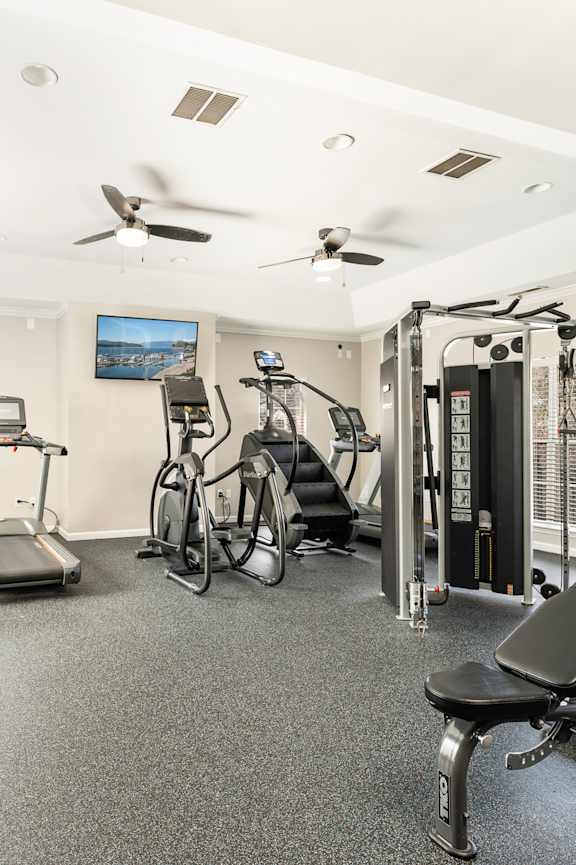 a gym with cardio equipment and weights at the gateway apartments at WildForest Apartments, Birmingham, 35209