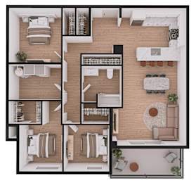 A floor plan of a house with multiple rooms and furniture layouts.