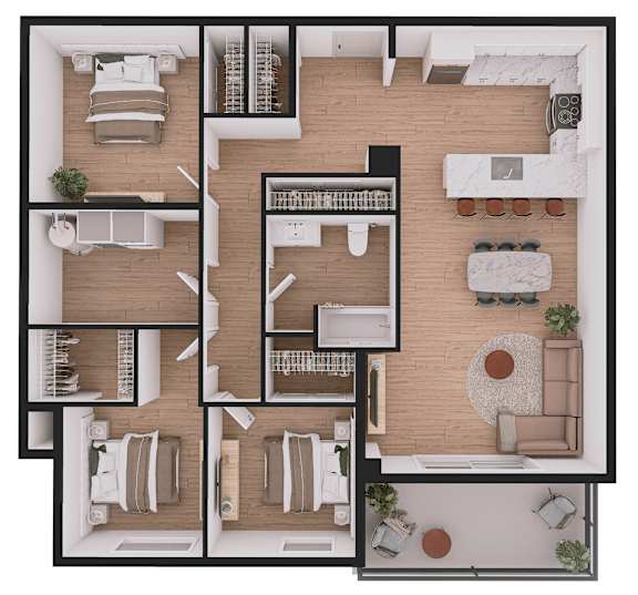 A floor plan of a house with multiple rooms and furniture layouts.