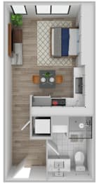 A top-down view of a small, modern kitchen and living room.