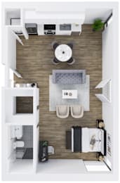 A top-down view of a modern kitchen with a dining area.