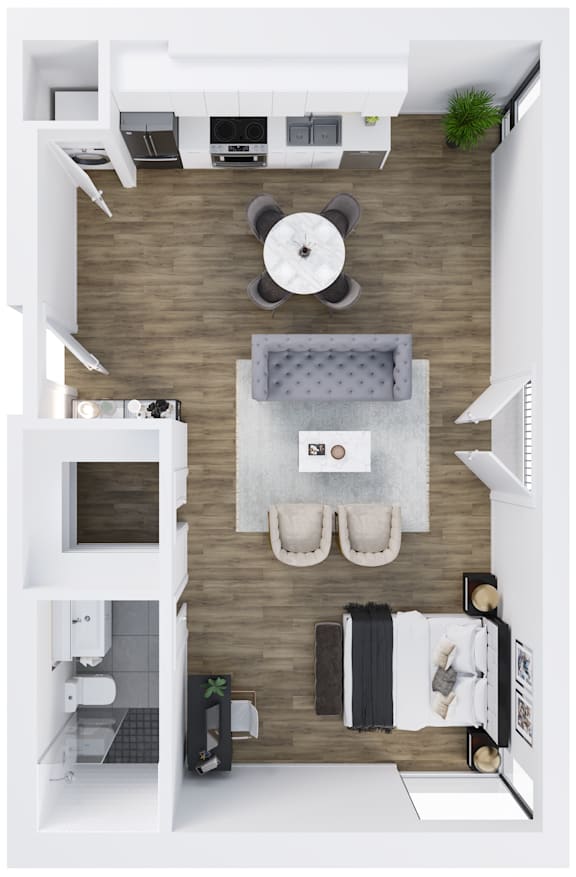 A top-down view of a modern kitchen with a dining area.