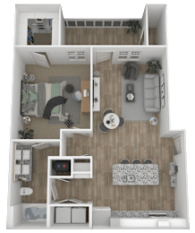 A 3D rendered image of a small apartment layout.