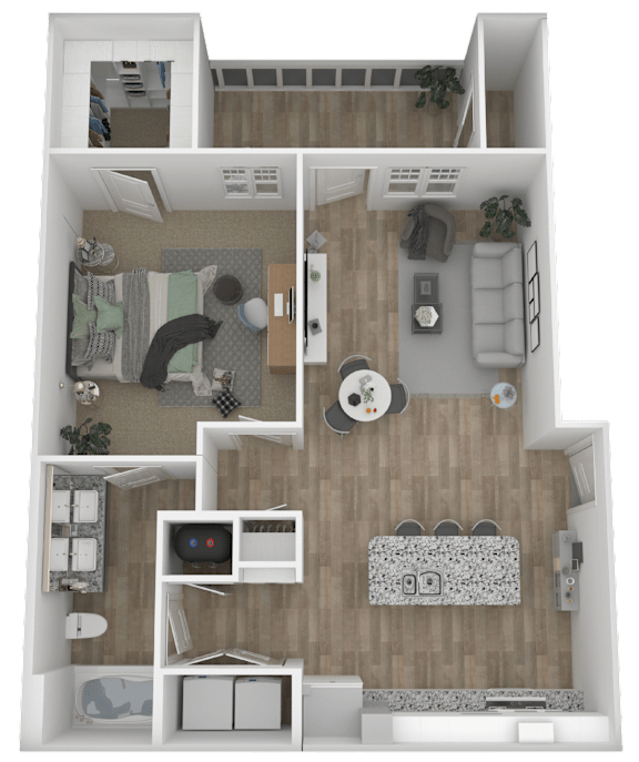 A 3D rendered image of a small apartment layout.