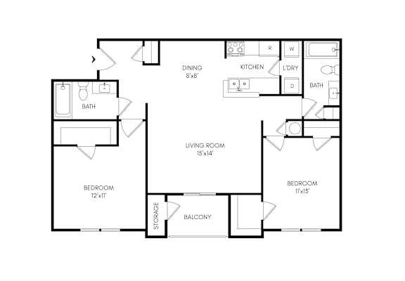 A floor plan of a house with a living room, dining room, kitchen, two bathrooms, a balcony, and three bedrooms.