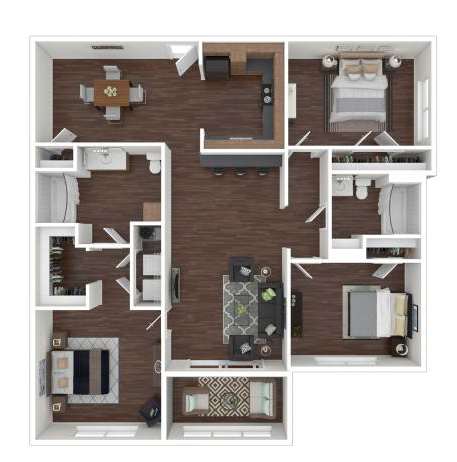 A floor plan of a house with a kitchen, living room, and two bedrooms.