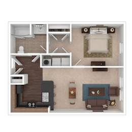 A floor plan of a house with a kitchen, living room, and bathroom.