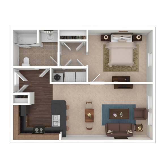 A floor plan of a house with a kitchen, living room, and bathroom.