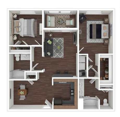 A floor plan of a house with a kitchen, living room, and two bedrooms.
