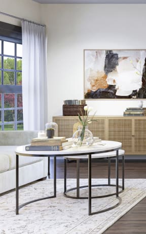 a rendering of a kitchen and living room with white cabinets and a white countertop at The Encore at Ingram Manor, Pikesville, MD, 21208