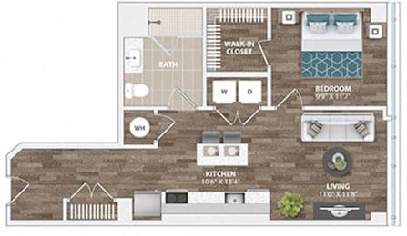 A floor plan of a small apartment with a living room, kitchen, bathroom, and bedroom.