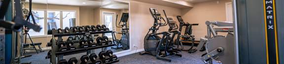 A gym with a variety of equipment including weights and cardio machines.