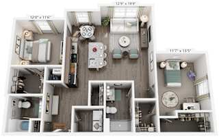 2 Bed 2 Bath Floor Plan | 1,270 Sq. Ft. at Westland Cove Apartments, Knoxville, Tennessee