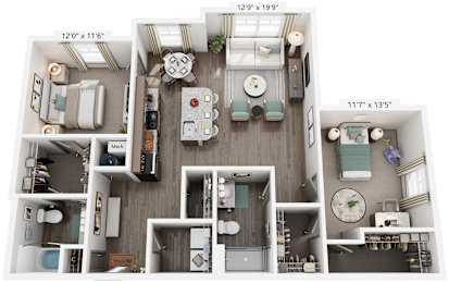 2 Bed 2 Bath Floor Plan | 1,270 Sq. Ft. at Westland Cove Apartments, Knoxville, Tennessee